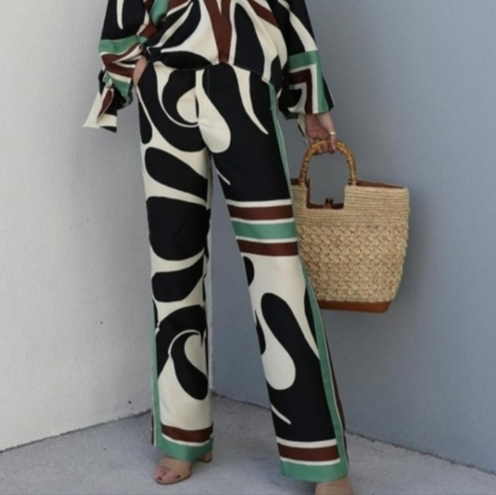 Zara Pants Wide Leg Print Cream Black Swirl XS - Picture 15 of 16